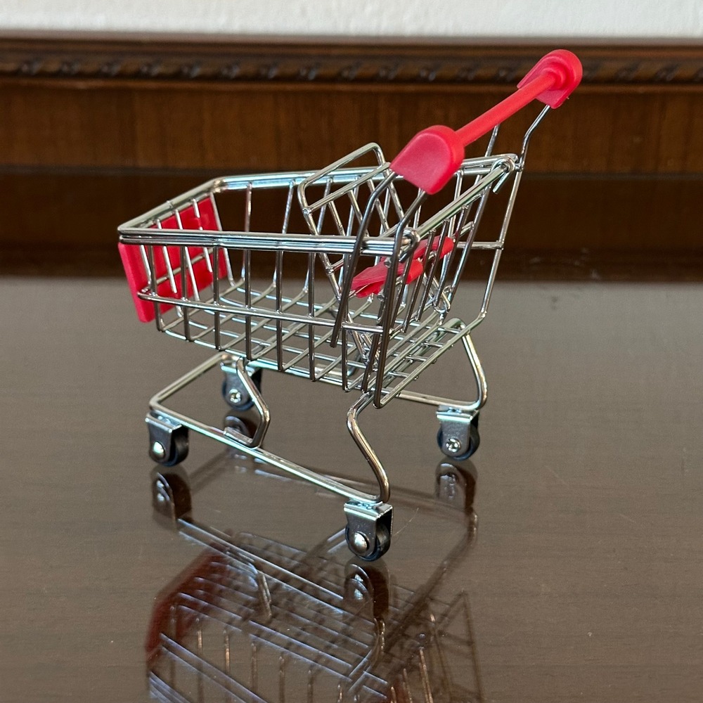 Miniature Metal Shopping Cart Desk Organizer Red Chrome Tiny Grocery Trolley Toy